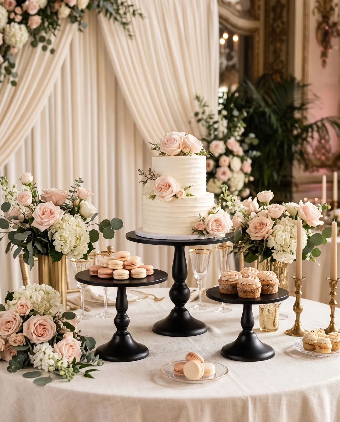 Black Cake Stand Set styled at an event