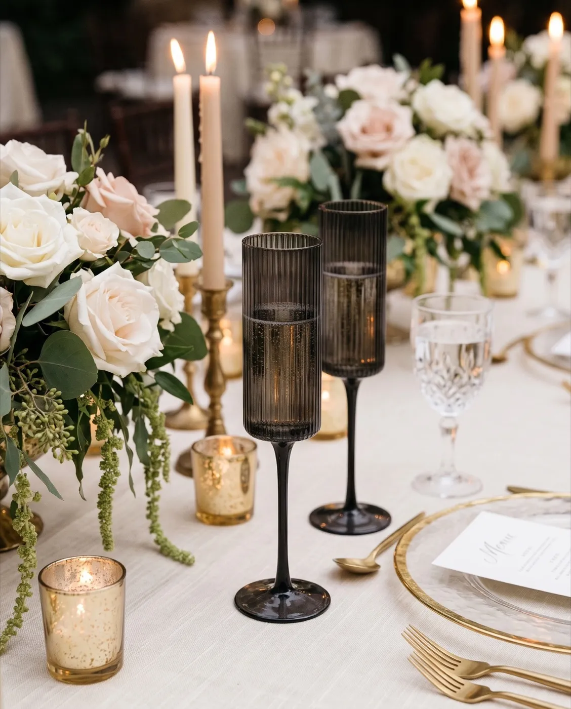 Black Ribbed Champagne Flutes styled at an event