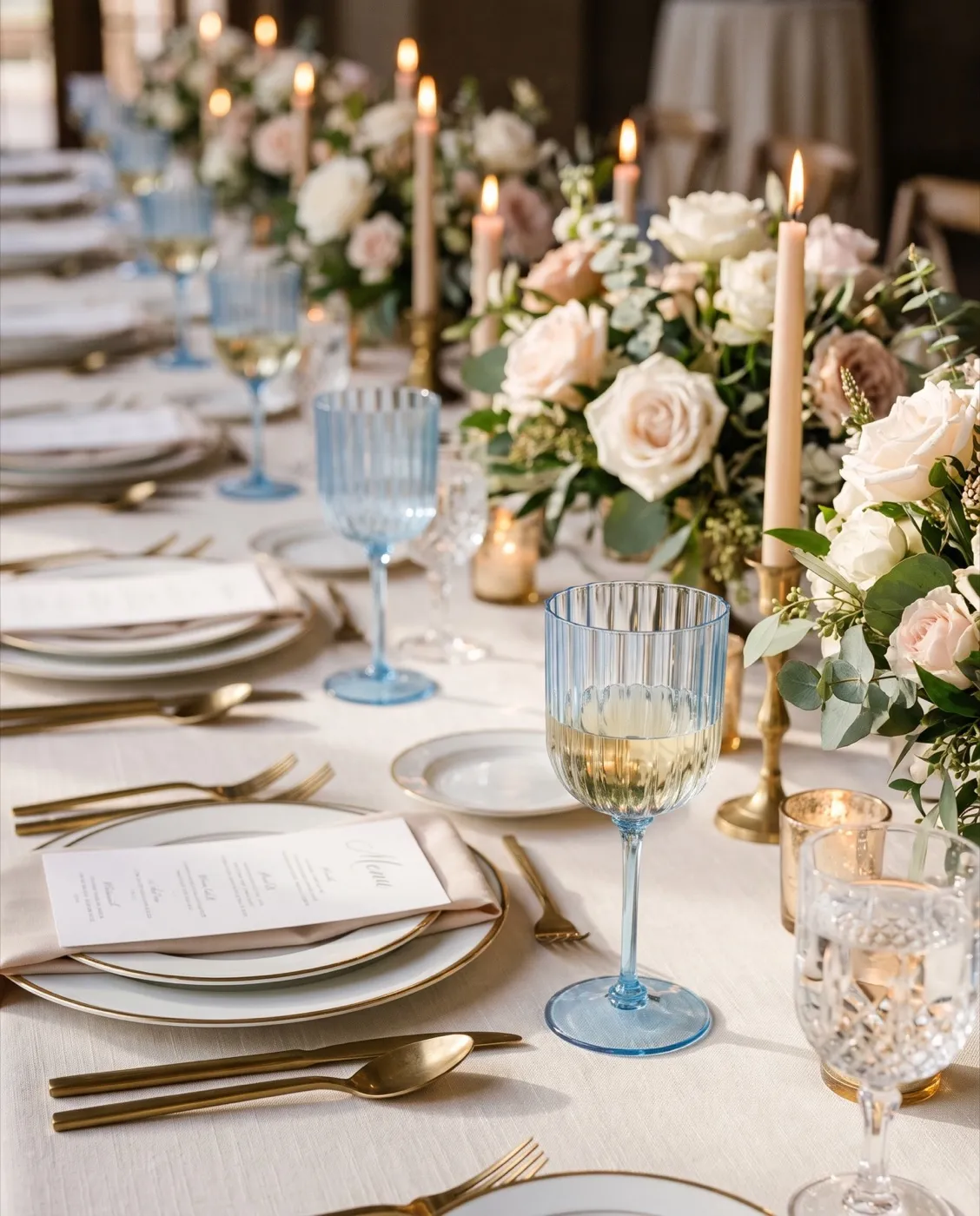 Blue Ribbed Goblets styled at an event