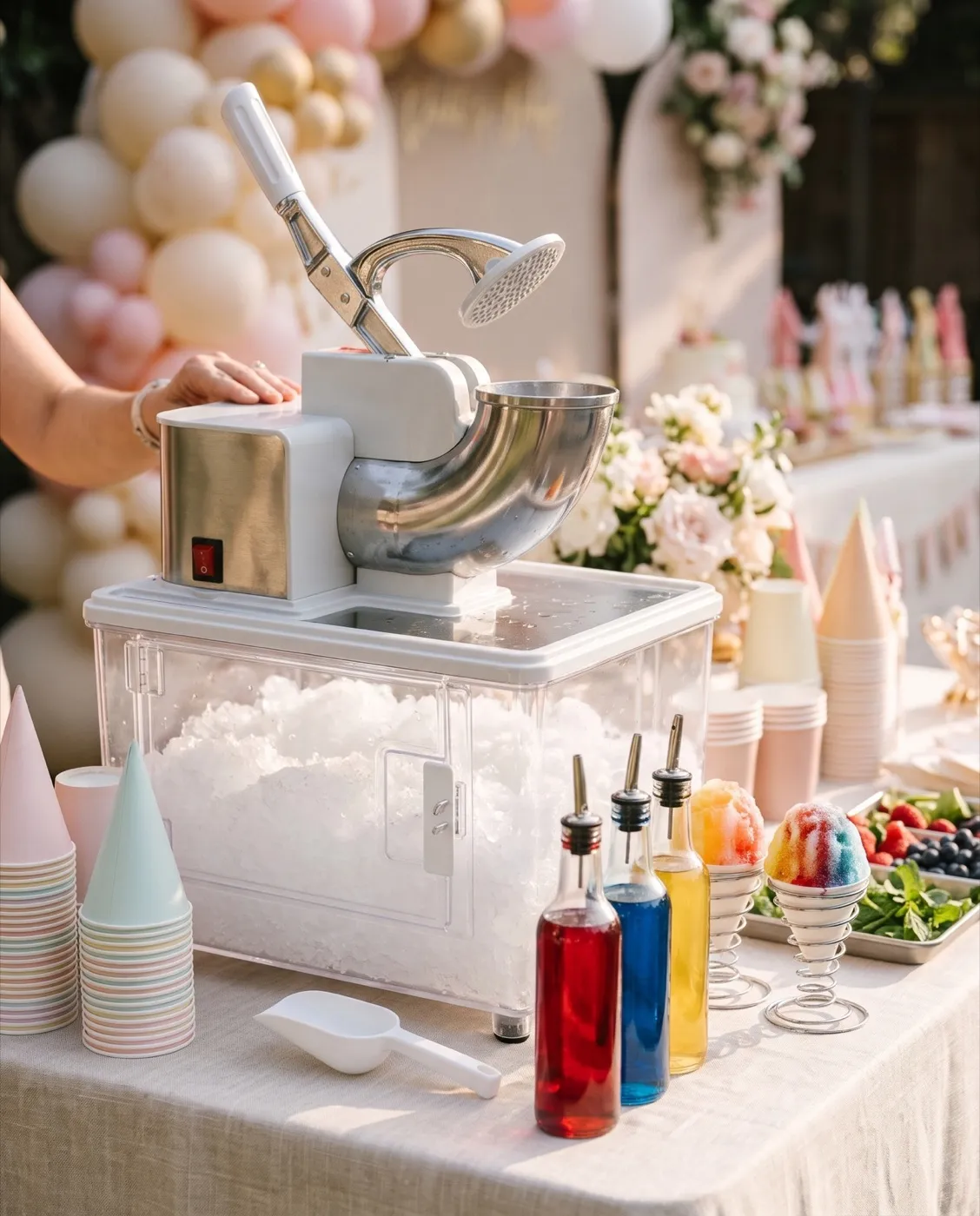 Commercial Snow Cone Machine styled at an event