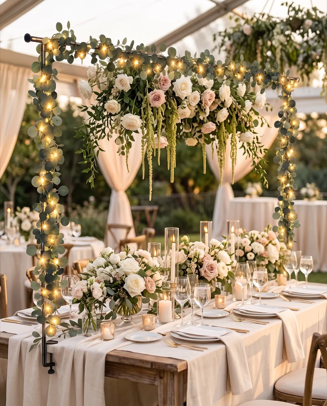 Eucalyptus Lighted Rod Stand styled at an event