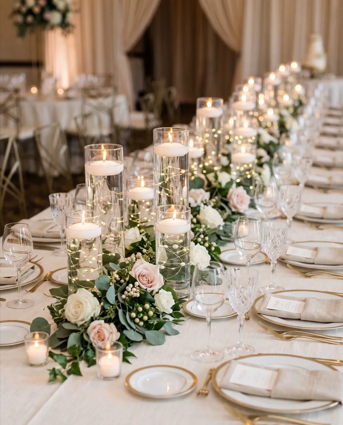 Floating Candle Pearl Centerpieces styled at an event