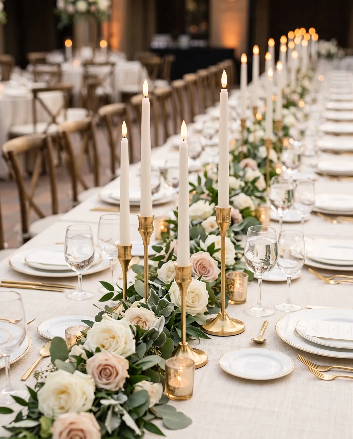 Gold Candlesticks with LED Tapers styled at an event