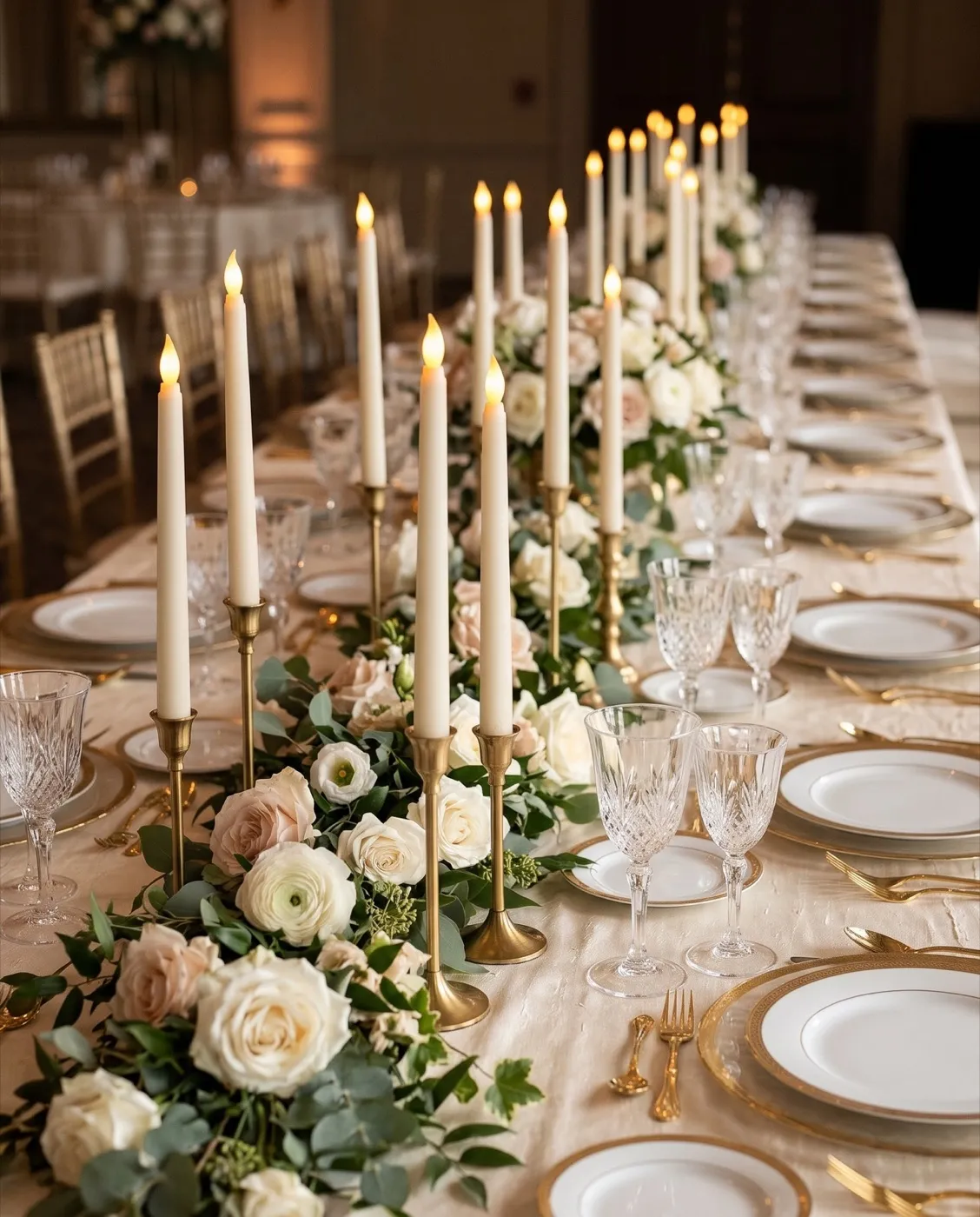 Ivory Flameless Taper Candles styled at an event