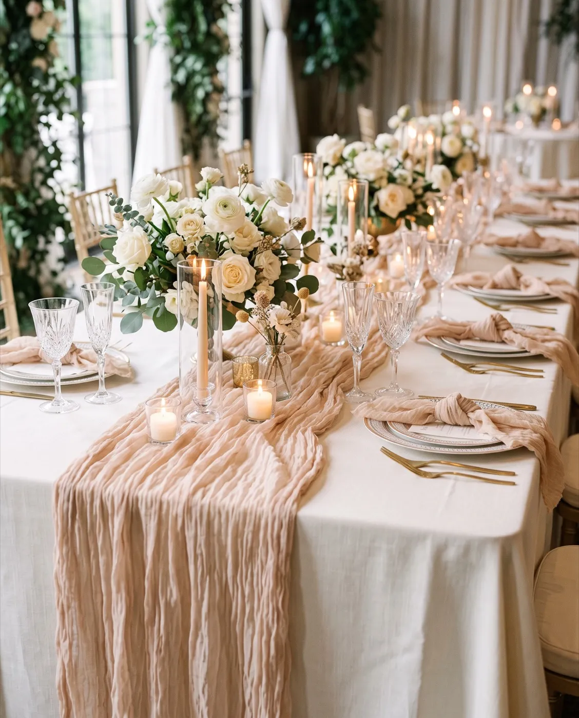 Nude Cheesecloth Runner & Napkins styled at an event