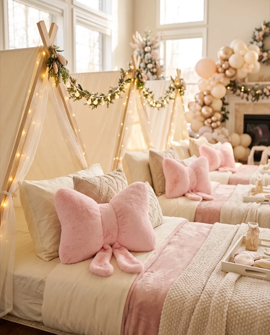 Pink Bow Throw Pillows styled at an event