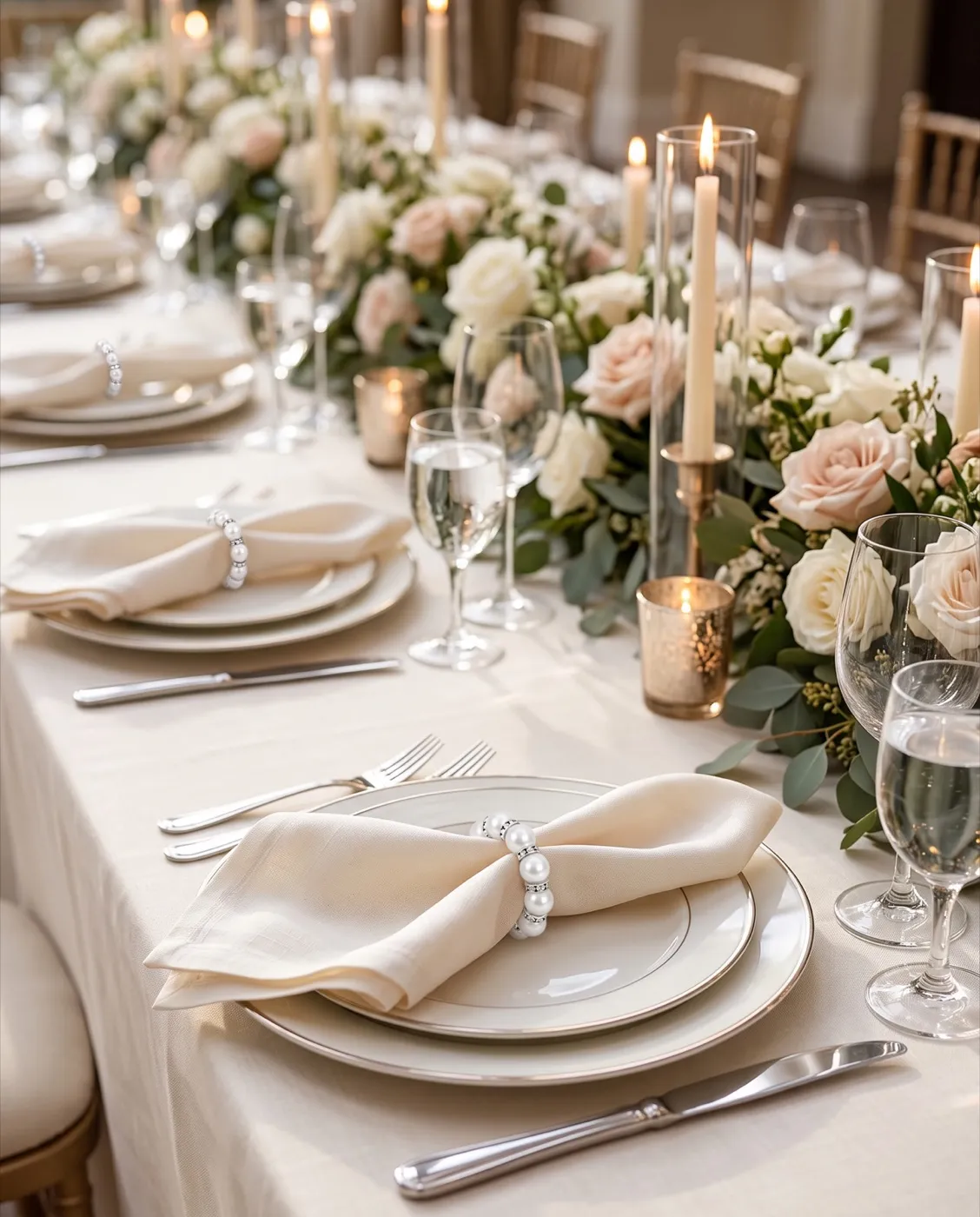Silver Pearl Napkin Rings styled at an event