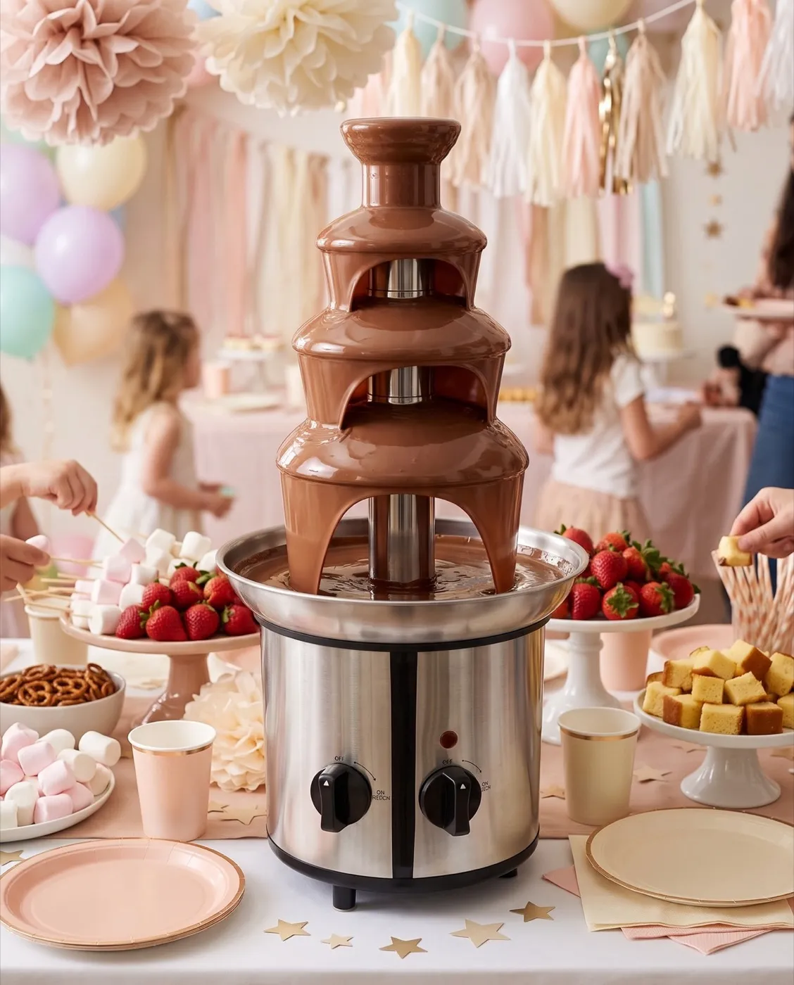 Stainless Chocolate Fountain styled at an event