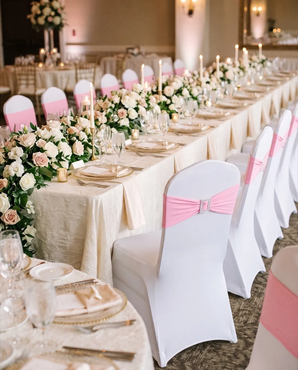 Stretch Chair Sash Bows styled at an event