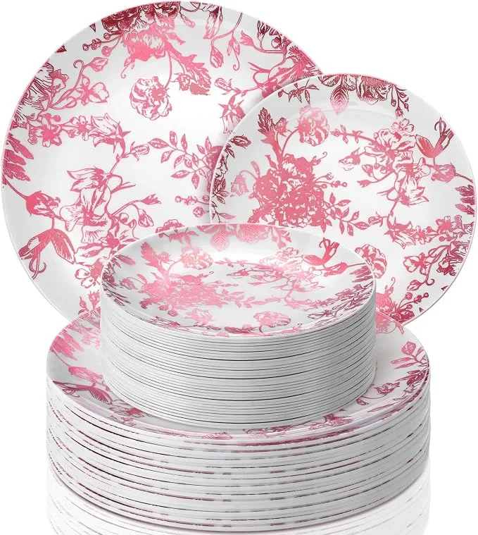 Pink Floral Plate Set — Plates available to rent