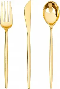 Gold Plastic Silverware — Cutlery available to rent