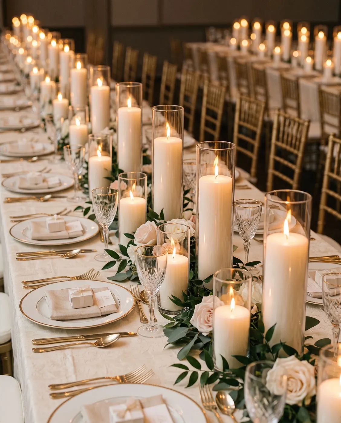 White Pillar Hurricane Candles styled at an event