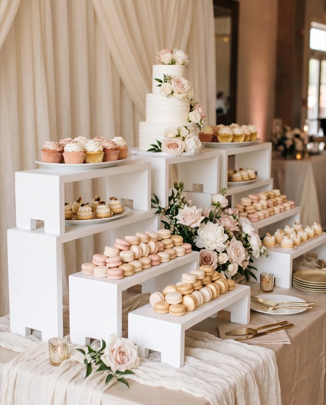 White Wood Tiered Risers styled at an event
