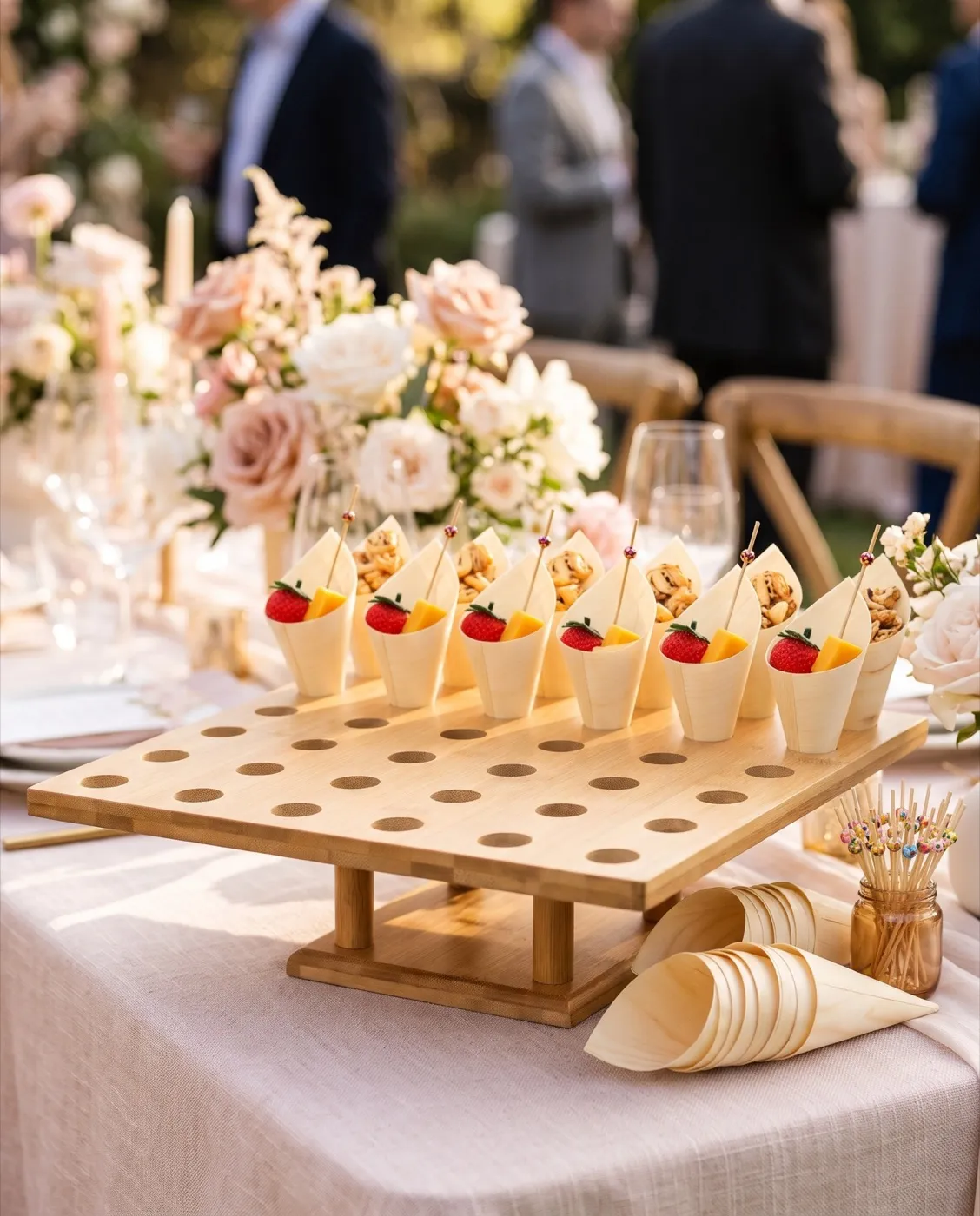 Wooden Food Cones styled at an event